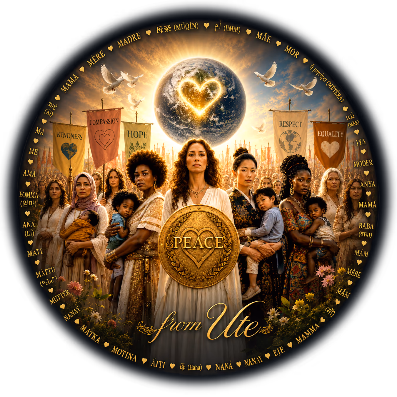 Diverse group of women and children standing solemnly with banners reading Kindness, Compassion, Hope, Respect, and Equality, a glowing heart over Earth behind them and a central woman holding a shield with 'PEACE' written on it.