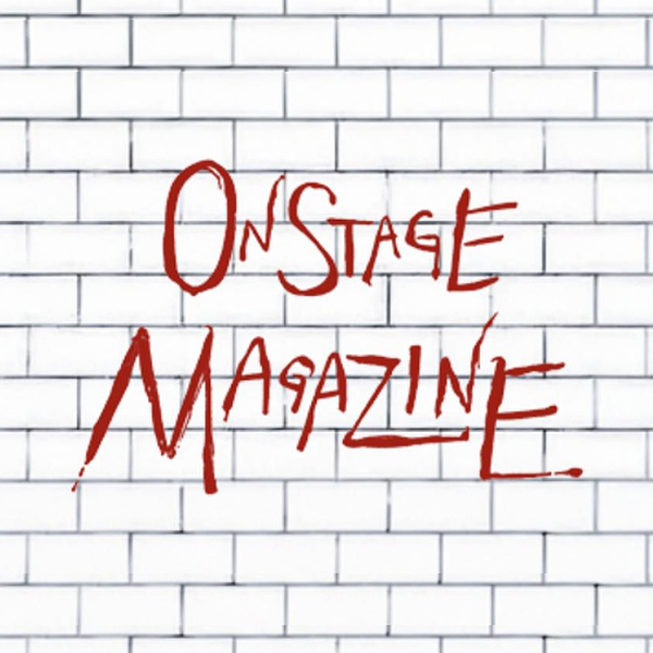 The words 'On Stage Magazine' written in red, stylized, hand-painted letters on a white tiled background.
