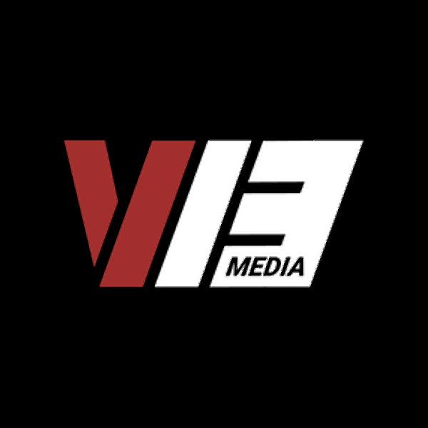 Logo featuring stylized letters 'V13' with 'V' in dark red and '13' in white, accompanied by the word 'MEDIA' in smaller white text on a black background.