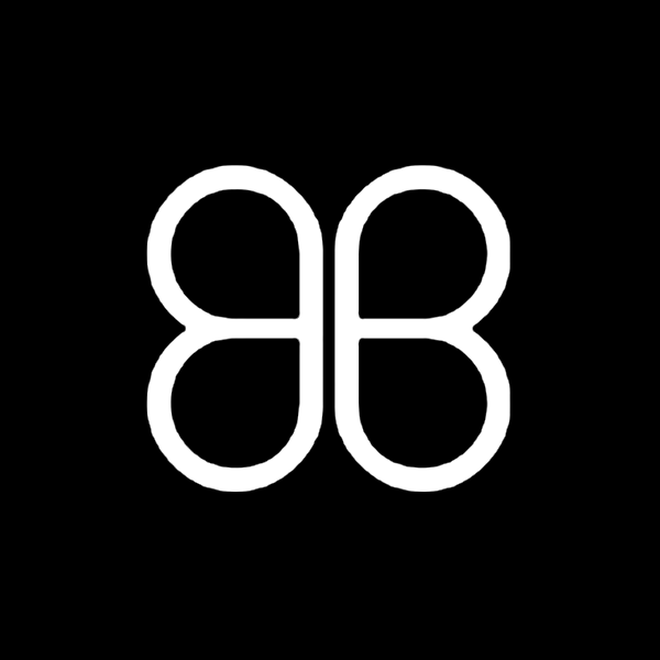 White symmetrical geometric design on black background resembling two mirrored stylized letter B shapes joined vertically.