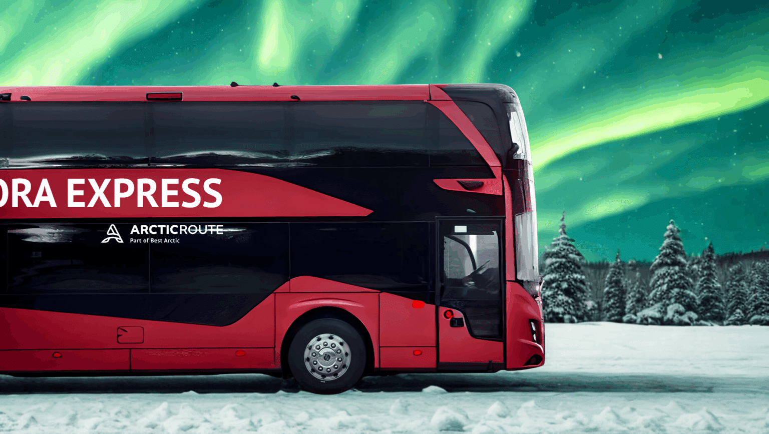 Aurora Express-buss fra Bussring i snølandskap under nordlyset
