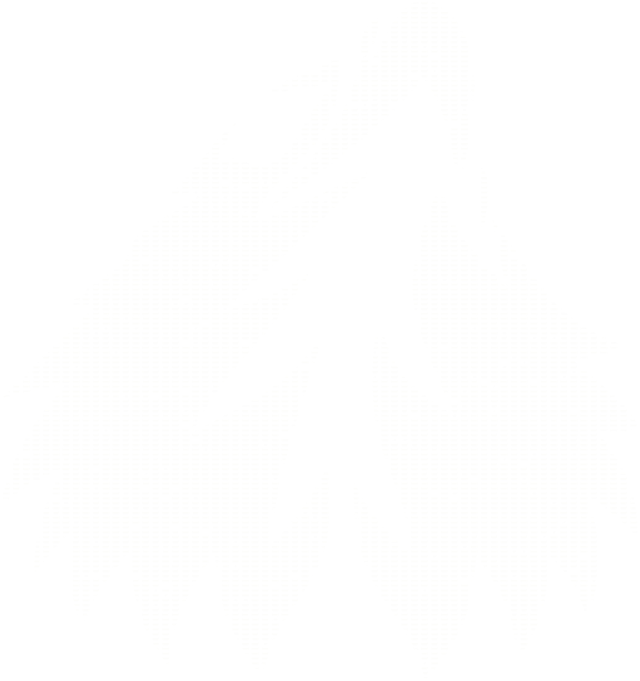 A stylized graphic of three overlapping leaves made of small elliptic dots, displayed in off-white color on black background.
