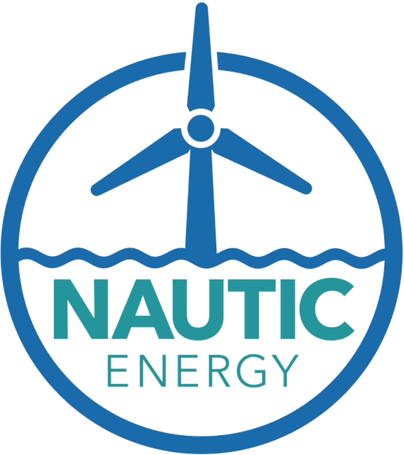 Blue circular logo featuring a stylized wind turbine above wavy water lines, with the text 'NAUTIC ENERGY' below the water line inside the circle.