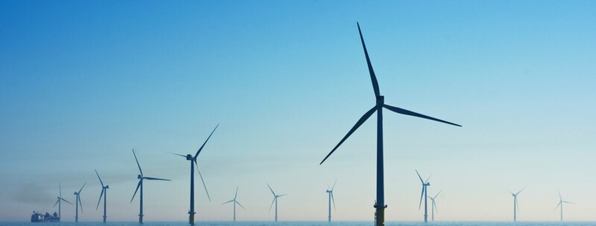 Offshore wind farm with multiple wind turbines standing in the sea under a clear blue sky.