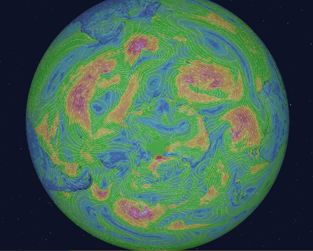 A digital globe view centered on the South Pole showing weather patterns with swirling wind currents in green, purple, blue, and orange colors over oceans and continents including South America, Africa, and Australia.