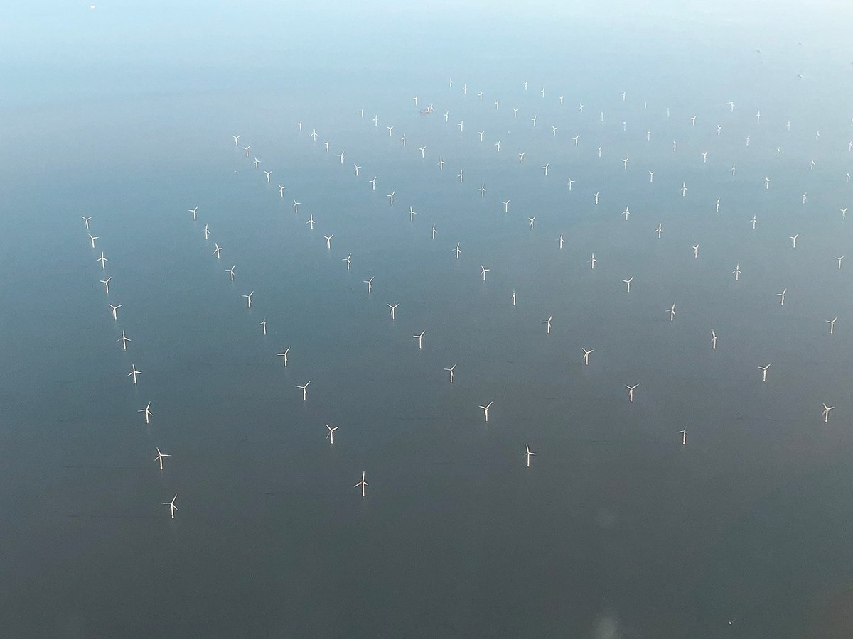 Aerial view of an offshore wind farm with many white wind turbines arranged in rows over calm water.
