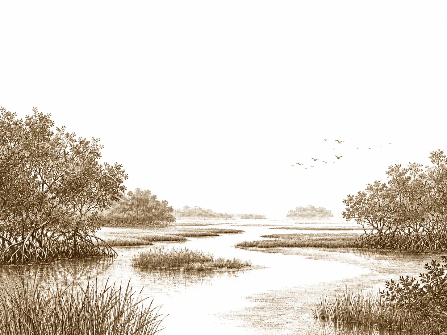 Gravure sépia : un chenal serpente entre des mangroves et des herbes hautes, vol d’oiseaux au loin.