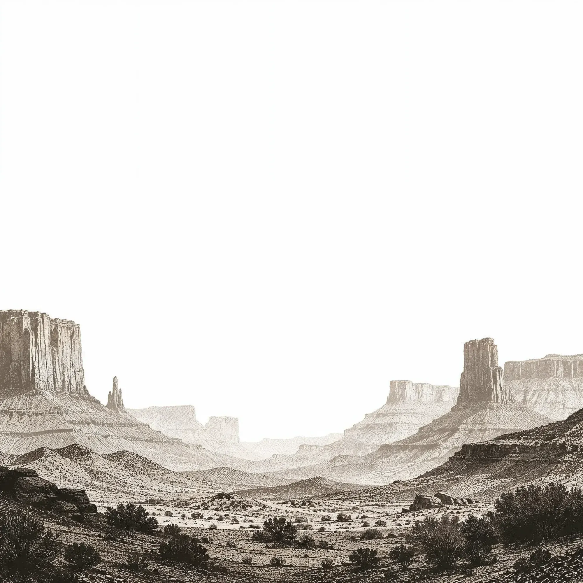 Gravure sépia : une vaste vallée désertique aux hautes formations rocheuses, végétation clairsemée.