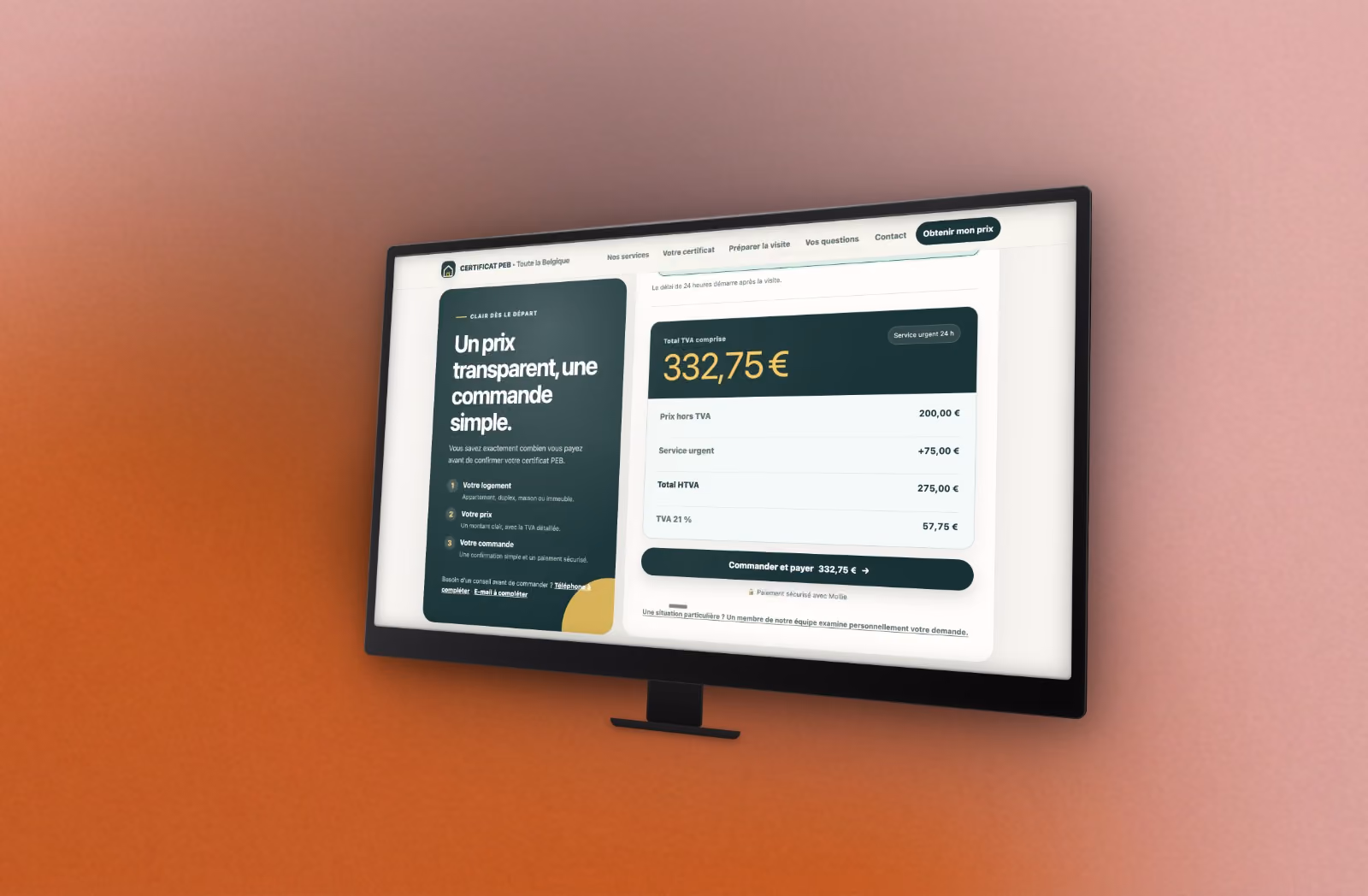 Maquette d’écran : la page de devis du site du certificateur PEB, montant total et détail de la TVA affichés.