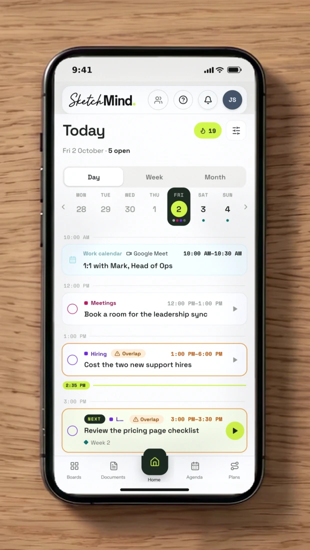 The SketchMind agenda on a phone, with a Google Calendar meeting next to the tasks