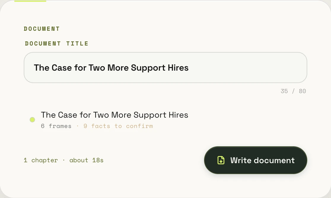 Write a document from this board: The Case for Two More Support Hires · 6 frames · 1 chapter · about 18 s
