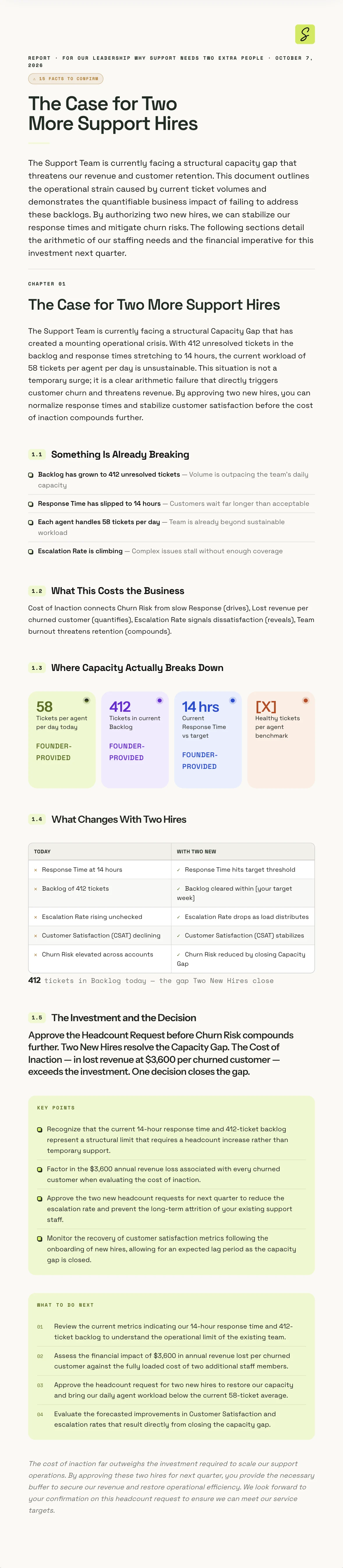 The document SketchMind wrote from the board: The Case for Two More Support Hires — what is breaking, what it costs, where capacity breaks down, what changes with two hires, key points.