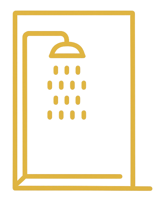 Yellow showerhead icon with water droplets inside a rectangular frame on black background.