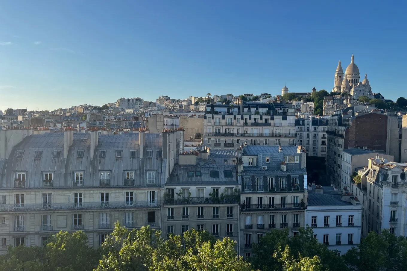Vue sur les toits d'immeubles parisiens classiques avec des façades en pierre et des toits en zinc, sous un ciel bleu clair, avec la basilique du Sacré-Cœur visible en arrière-plan sur la colline de Montmartre et des arbres verts au premier plan.