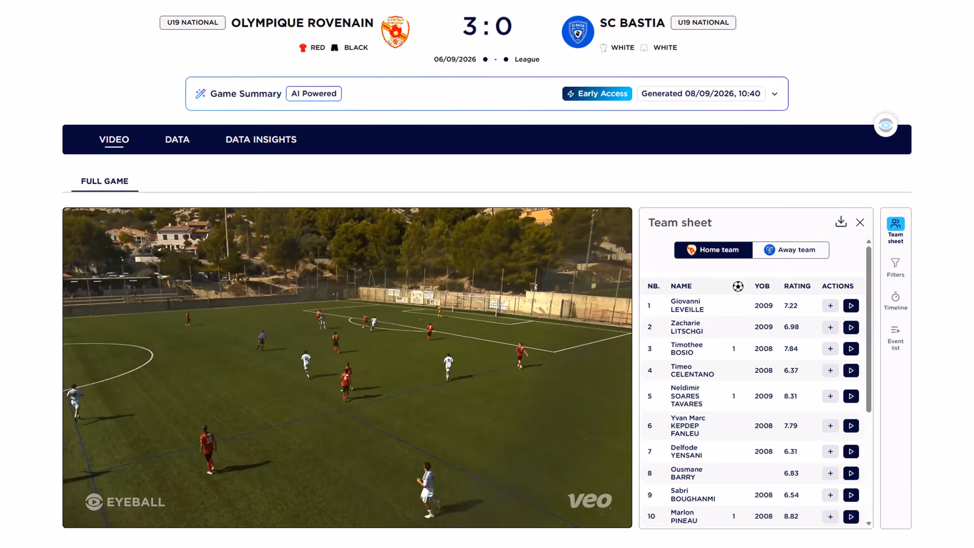 Game page combining match video and performance data in one view