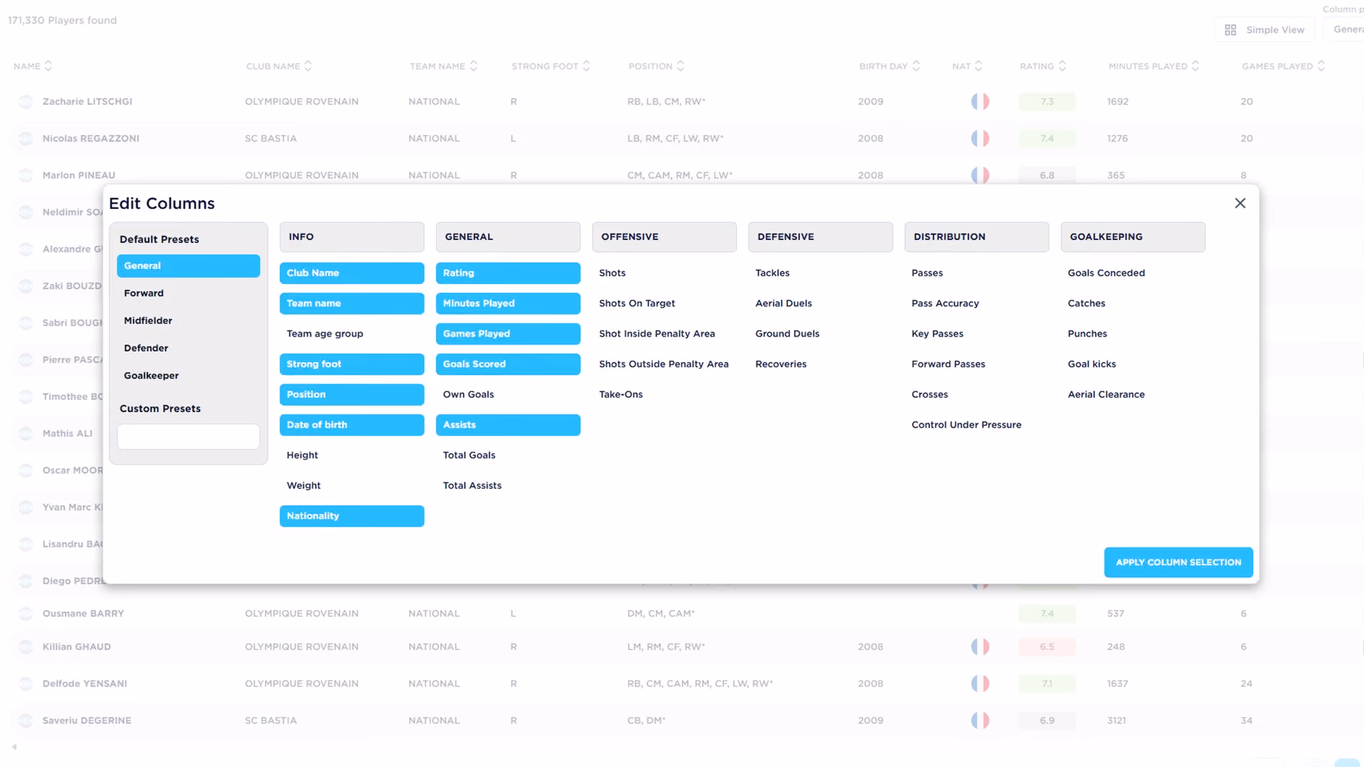 Player search by name, team, position and performance data