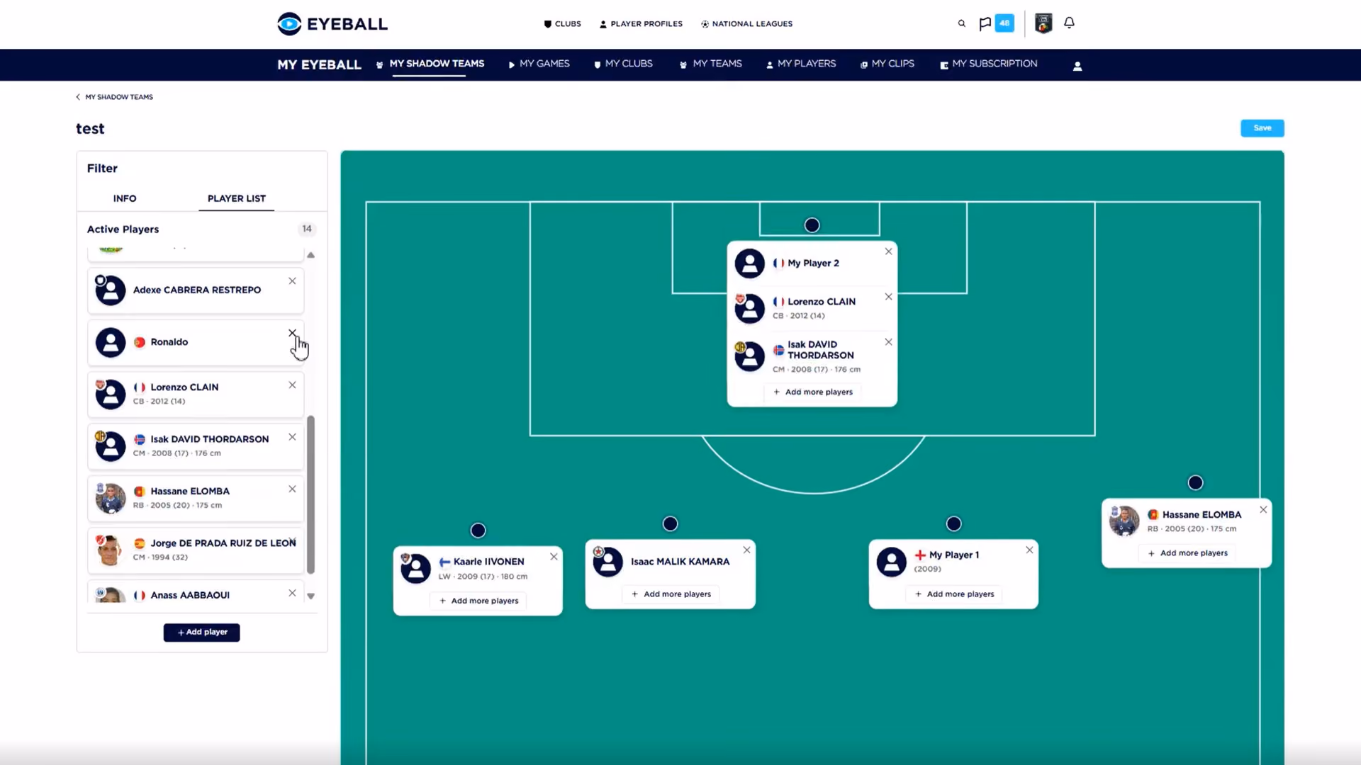 Shadow team builder organising scouted players by position and formation