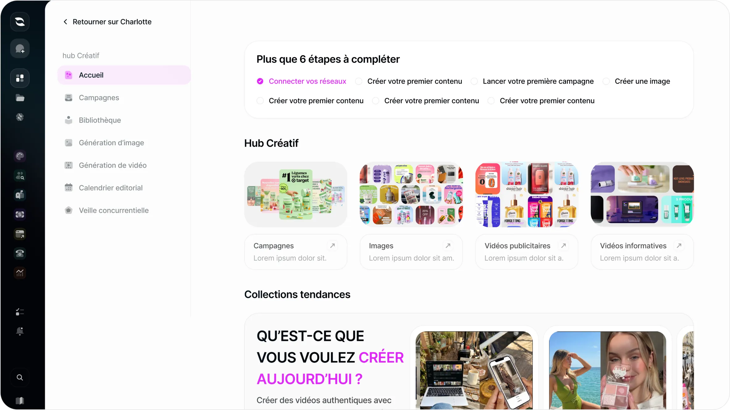Accueil du Hub Création : étapes de démarrage, campagnes, images et vidéos générées