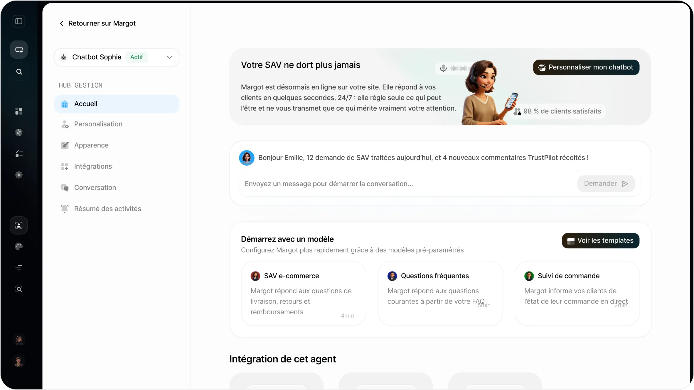 Accueil du Hub Mail & Chatbot : service client automatisé et modèles de réponses