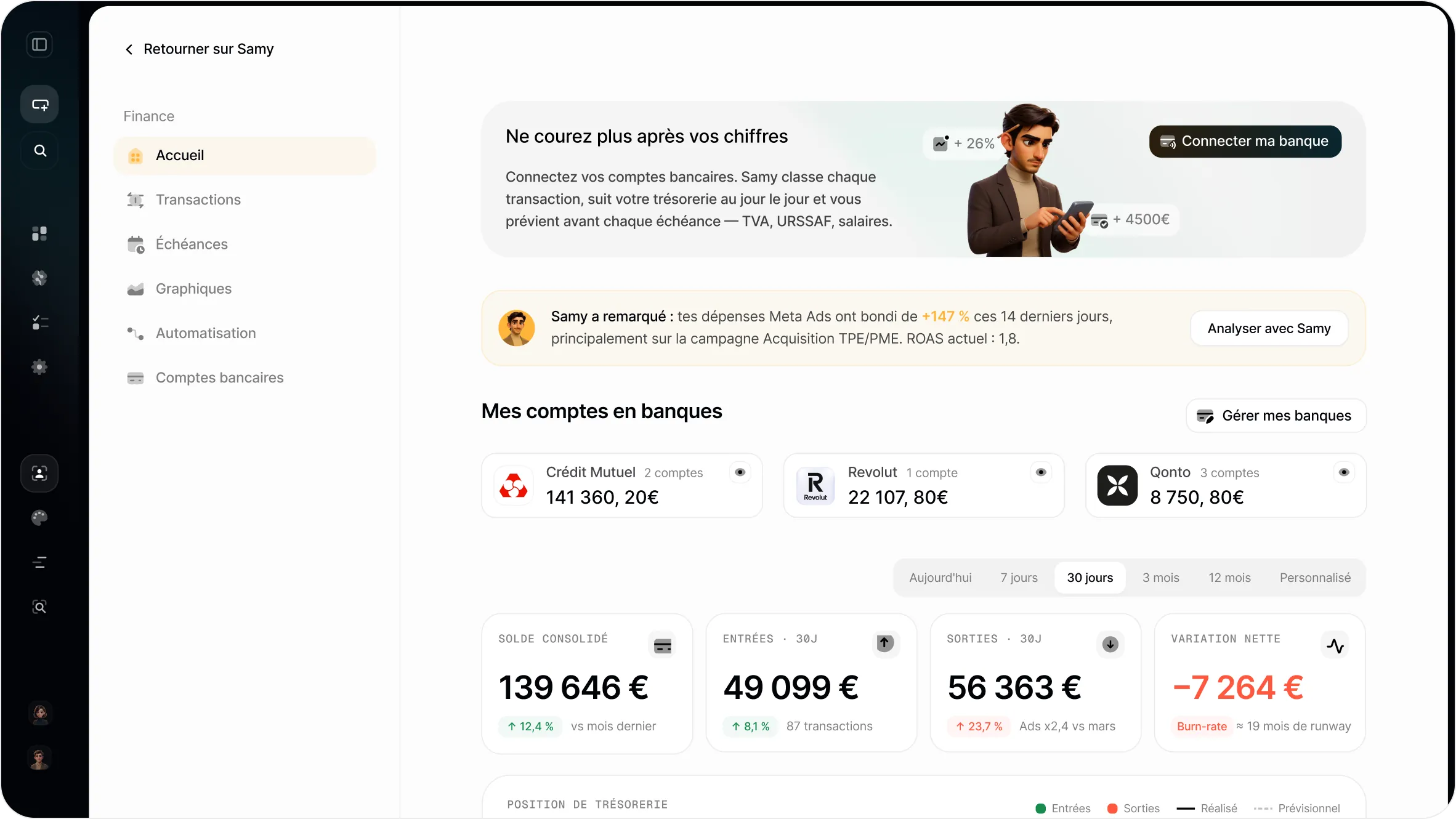 Tableau de bord du Hub Finance : comptes bancaires, solde consolidé, entrées et sorties