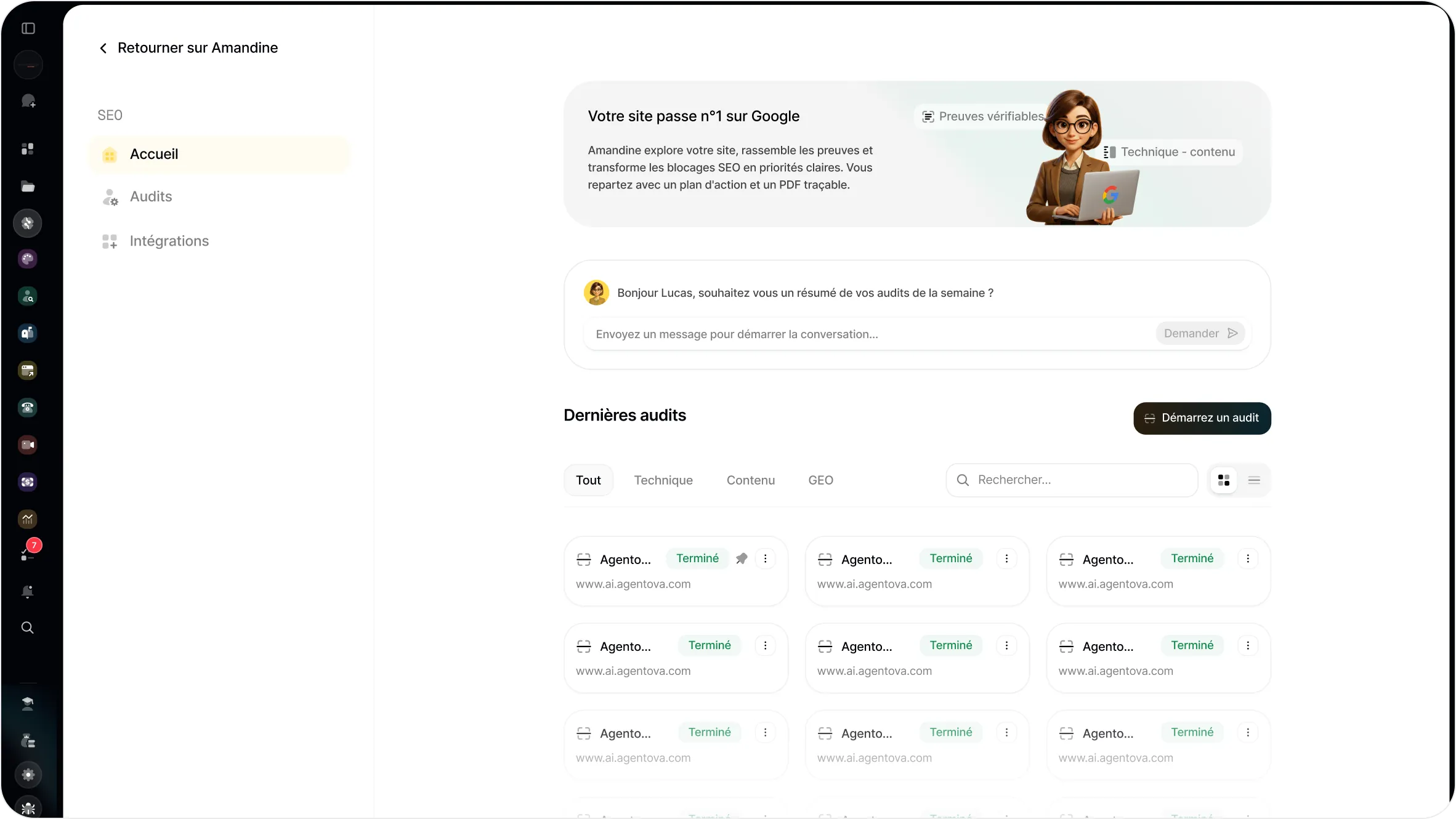 Accueil du Hub SEO : lancement d'un audit et liste des derniers audits
