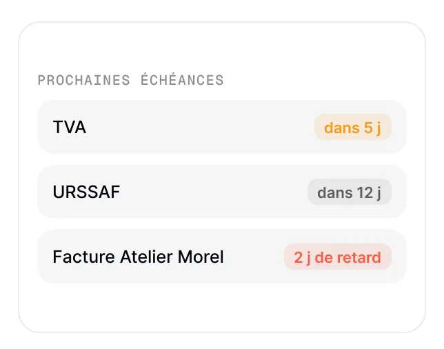 Liste des prochaines échéances : TVA, URSSAF, facture en retard