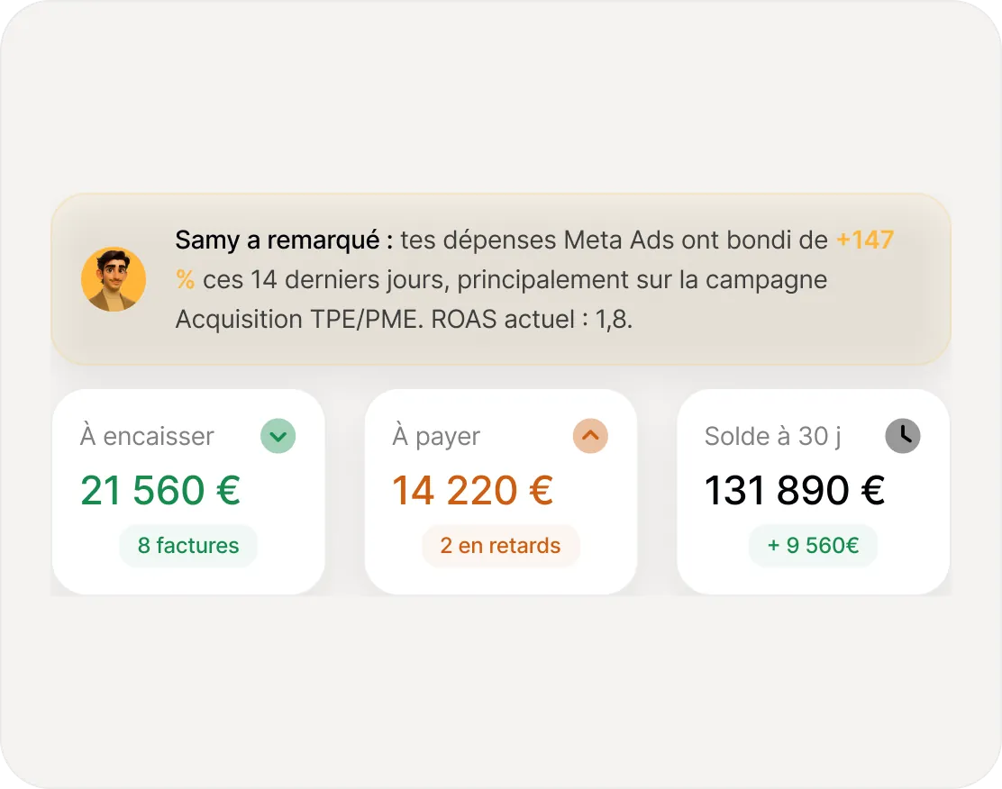 Montants à encaisser, à payer et solde à 30 jours, avec une alerte de Samy