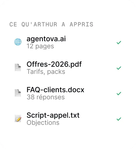 Sources apprises par l'agent : site, offres, FAQ, script d'appel
