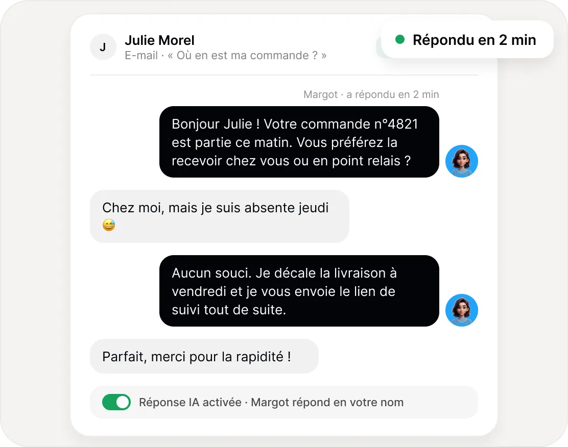 Échange d'e-mails avec une cliente, répondu automatiquement