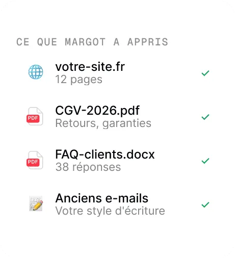 Sources apprises par l'agent : site, CGV, FAQ, anciens e-mails