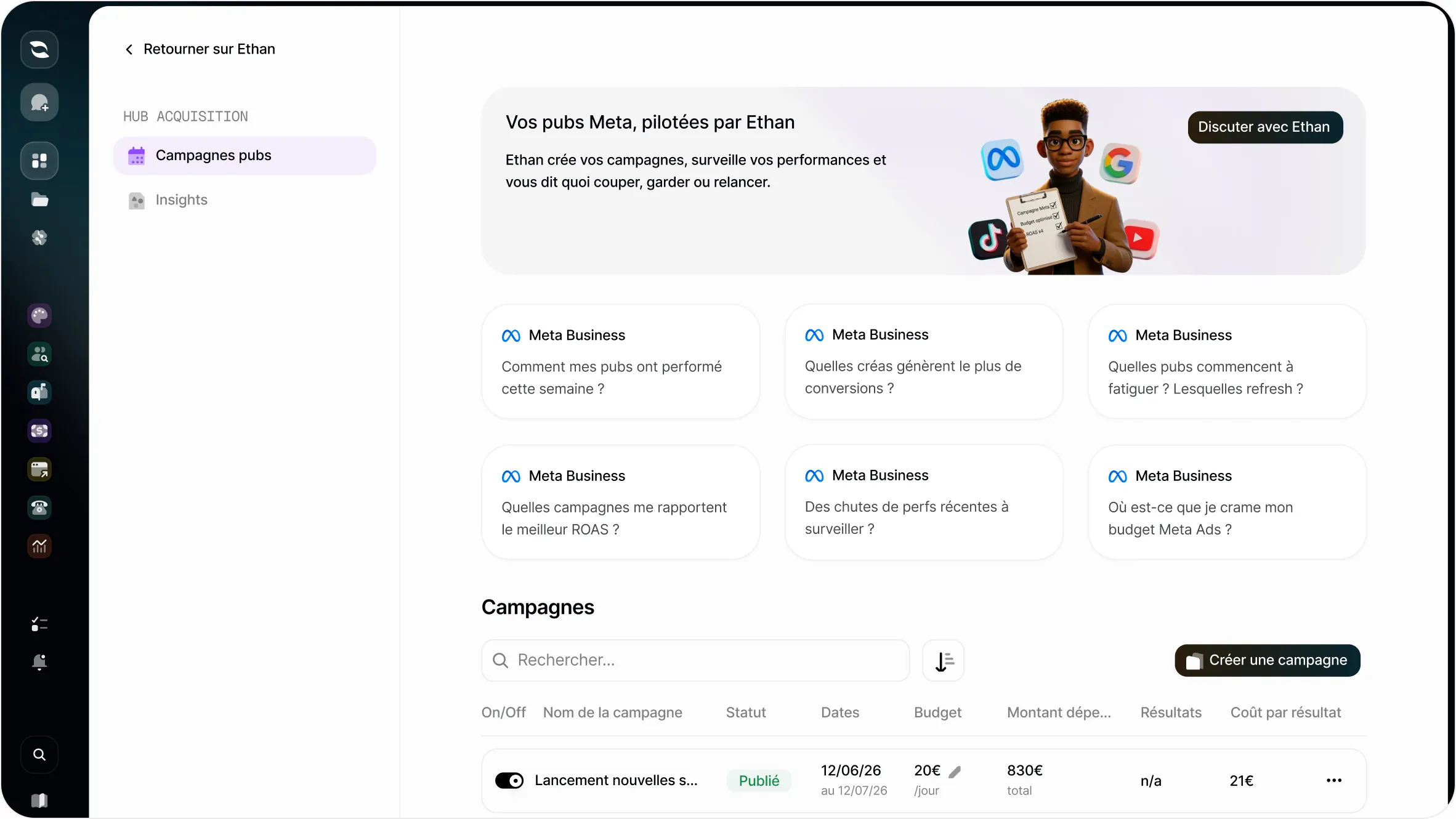 Hub Publicité : Ethan crée vos campagnes Meta, surveille les performances et liste vos campagnes