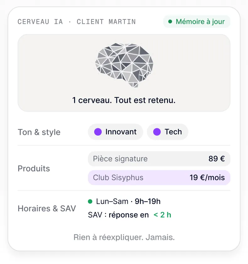 Avec Agentova, votre organisation : un Cerveau IA par client, tout est retenu.