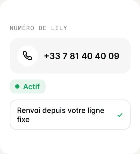 Aperçu de la fonctionnalité « Numéro dédié » : le numéro de Lily, actif, avec renvoi depuis votre ligne fixe