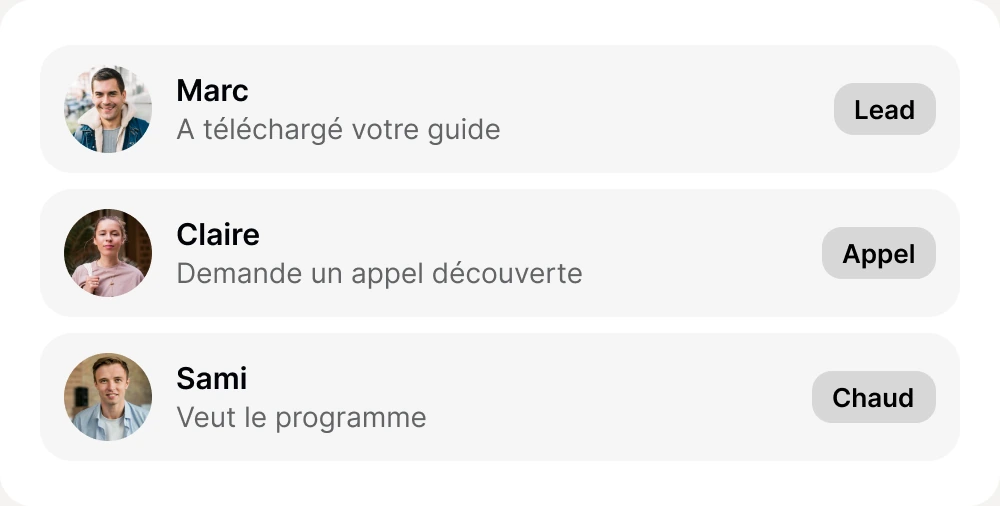 Leads captés par vos agents : Marc a téléchargé votre guide (lead), Claire demande un appel découverte (appel), Sami veut le programme (chaud)