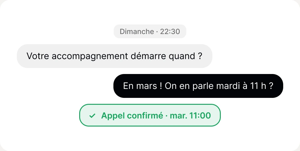 Conversation du dimanche à 22 h 30 : « Votre accompagnement démarre quand ? », réponse « En mars ! On en parle mardi à 11 h ? », appel confirmé mardi 11 h