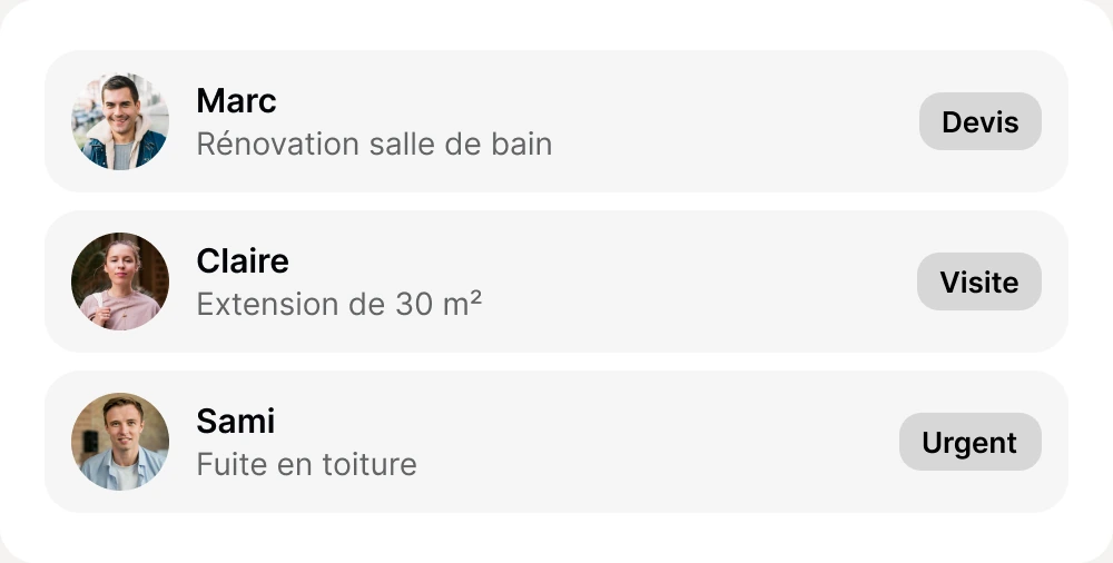 Demandes captées par vos agents : Marc, rénovation salle de bain (devis), Claire, extension de 30 m² (visite), Sami, fuite en toiture (urgent)