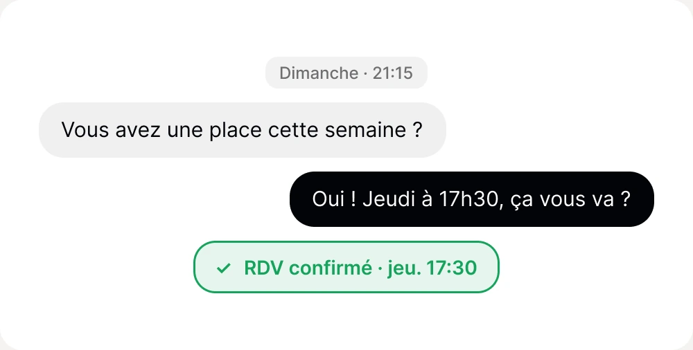 Conversation du dimanche à 21 h 15 : « Vous avez une place cette semaine ? », réponse « Oui ! Jeudi à 17h30, ça vous va ? », rendez-vous confirmé jeudi 17 h 30