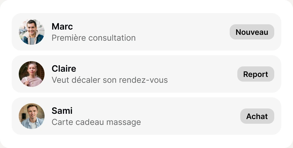 Demandes prises par vos agents : Marc, première consultation (nouveau), Claire veut décaler son rendez-vous (report), Sami, carte cadeau massage (achat)