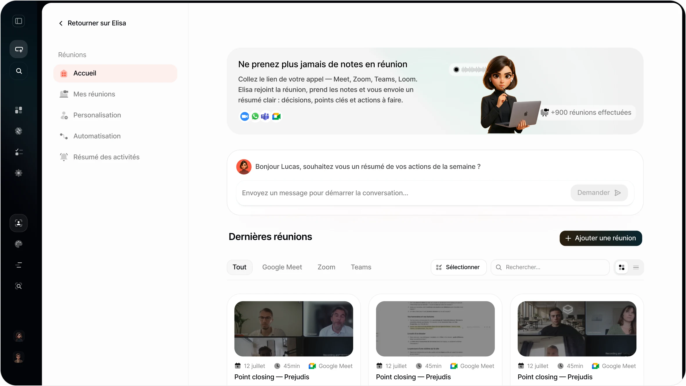Accueil du Hub Réunion : Elisa, ses réunions et les dernières réunions résumées