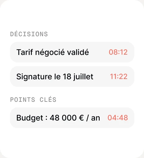 Aperçu de la fonctionnalité « Décisions et points clés »