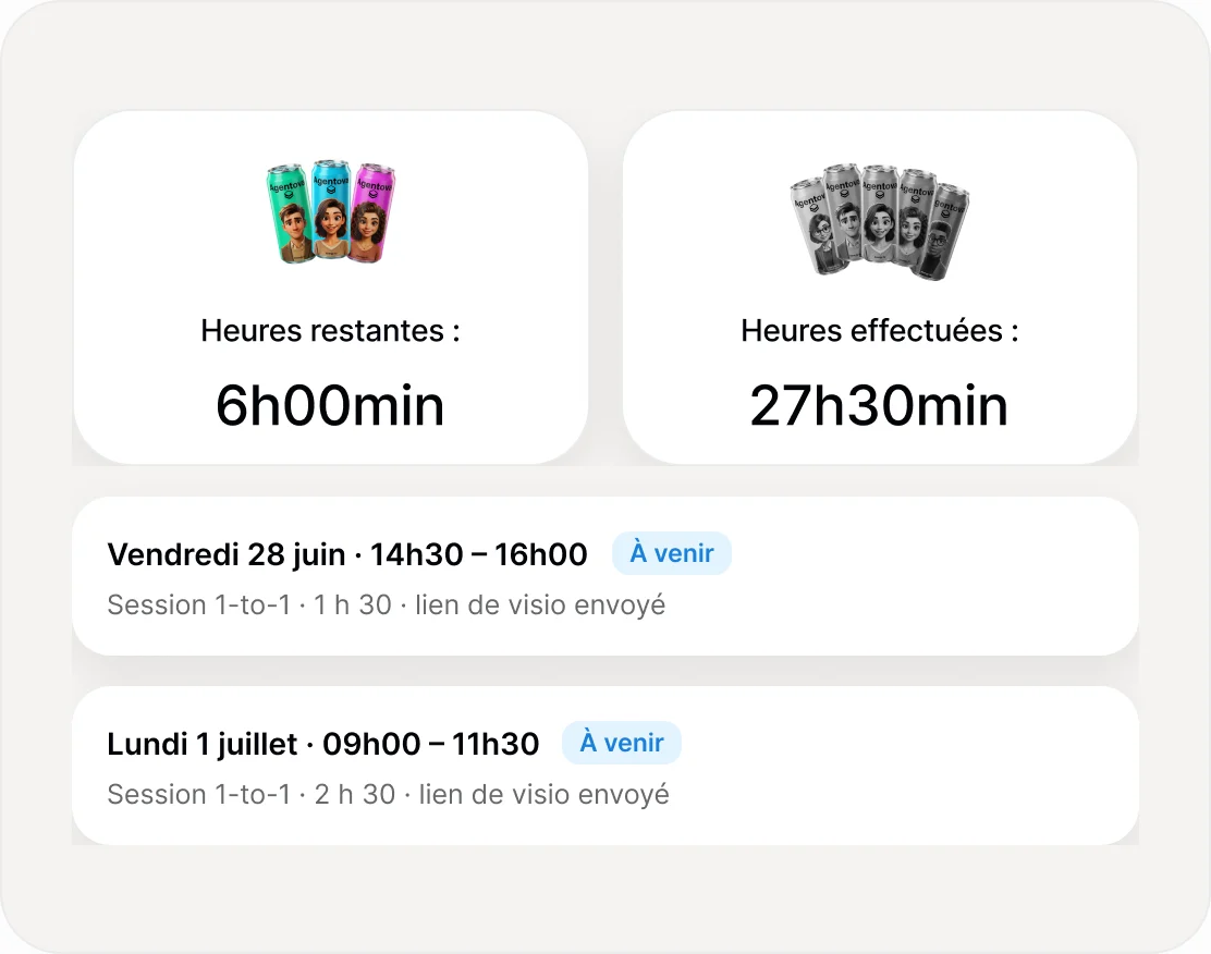Compteur d’heures d’accompagnement : 6h00 restantes, 27h30 effectuées, et deux sessions 1-to-1 à venir