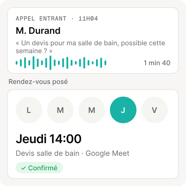 Appel entrant de M. Durand pris par Lily et rendez-vous posé jeudi à 14:00, confirmé