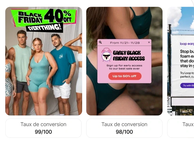 Créatives publicitaires générées, chacune notée sur 100