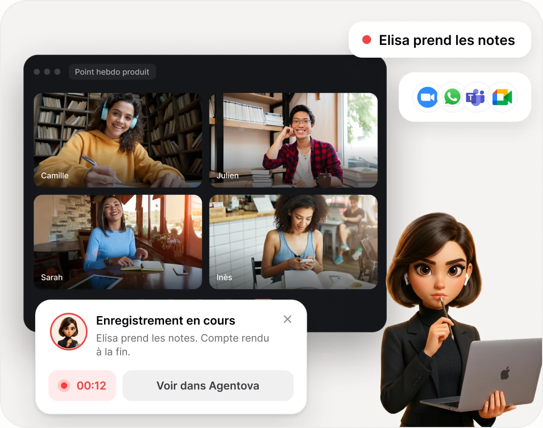 Fenêtre de visio « Point hebdo produit » avec l'encart « Enregistrement en cours », la pastille « Elisa prend les notes » et Elisa à son ordinateur