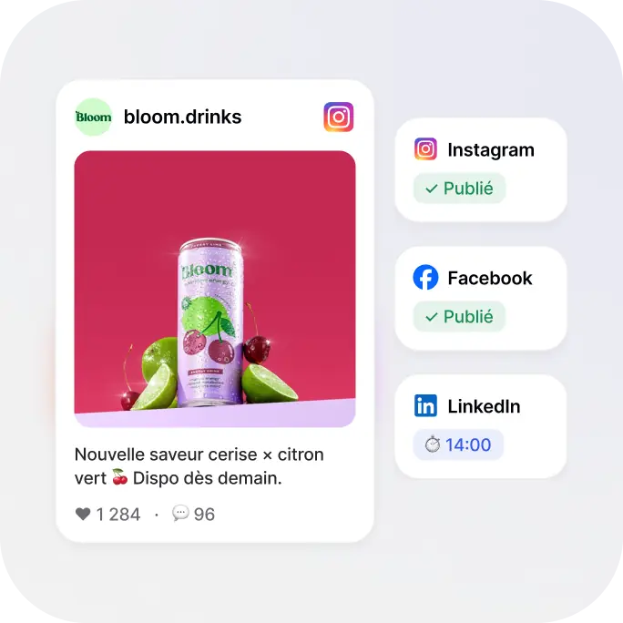 Post de bloom.drinks publié par un agent sur Instagram et Facebook, programmé sur LinkedIn à 14:00