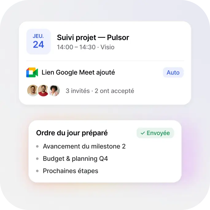 Réunion de suivi organisée par un agent : invitation du jeudi 24 à 14:00 avec lien Google Meet et ordre du jour envoyé