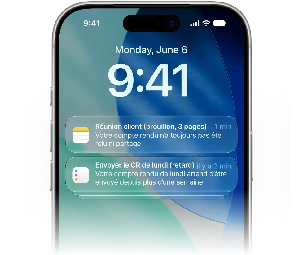 Sans Agentova, votre note-taker : l'IA transcrit, les notes et le suivi restent pour vous.