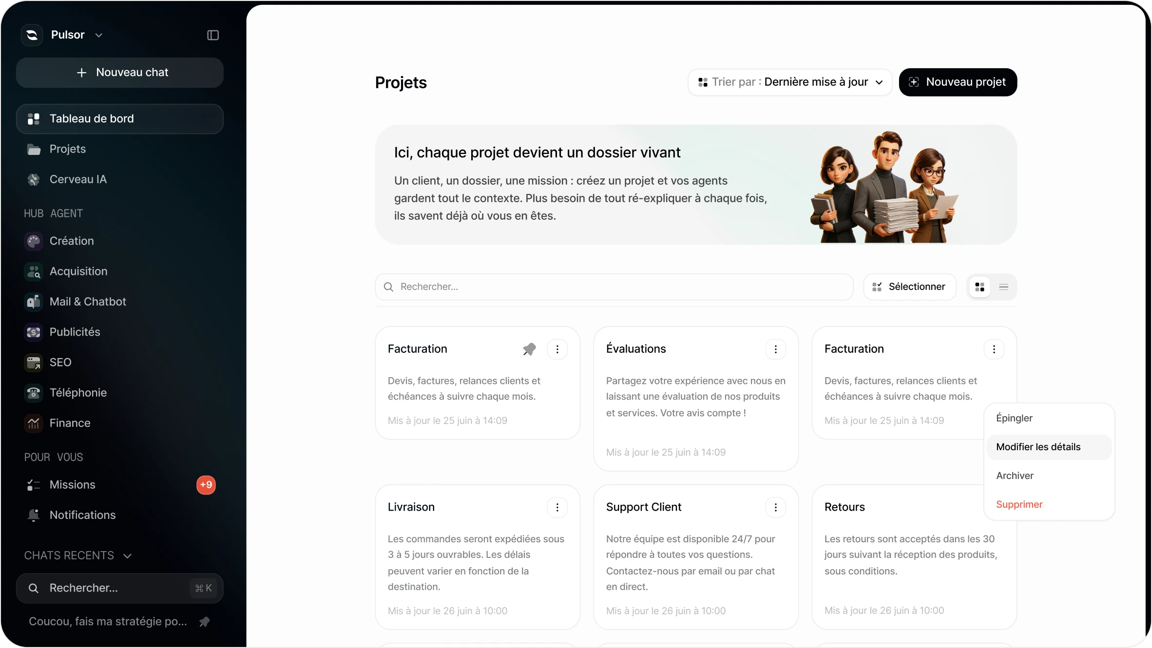 Capture de la page Projets dans l'application Agentova : dossiers Facturation, Évaluations, Livraison, Support client et Retours