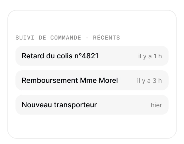 Suivi de commande dans un projet : retard du colis, remboursement et nouveau transporteur, rangés par date