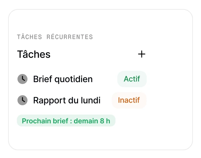Tâches récurrentes d'un projet : brief quotidien actif, rapport du lundi inactif, prochain brief demain 8 h
